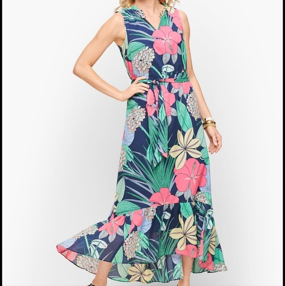 Talbots Floral Hibiscus Ruffle Sleeveless Maxi Dress - 14 - Picture 1 of 10